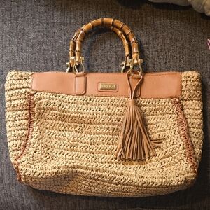 Lilly Pulitzer Greydon Cane Straw Tote W Bamboo Handles And Leather Tassel